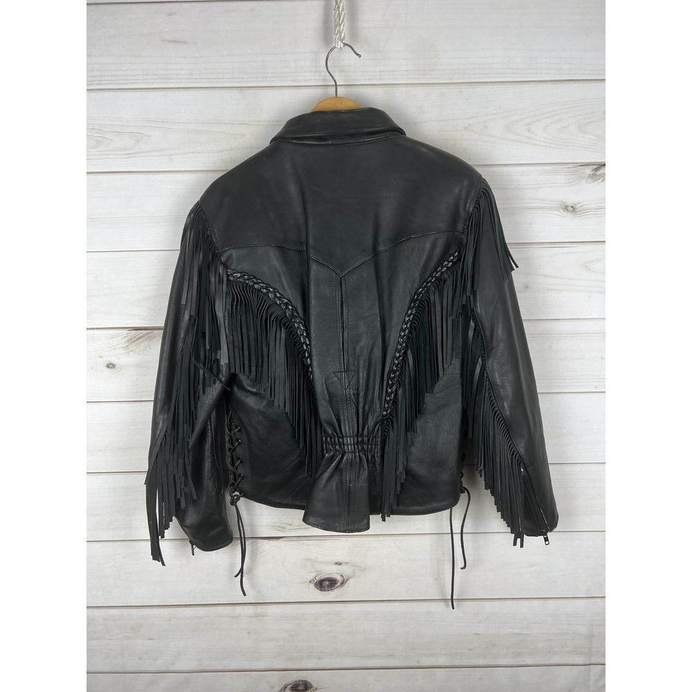 Frontier Jacket Womens 14 Leather Fringe Black Motorcycle Western Biker Cowboy - Picture 2 of 10